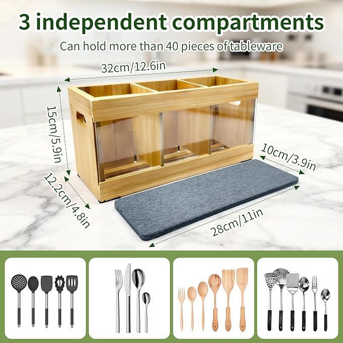 Farmhouse Bamboo Utensil Organizer - 6 Adjustable Compartments, Water-Absorbing Diatomaceous Earth Base for Kitchen Counter/Party (12.6" L x 4.8" W x 5.9" H)