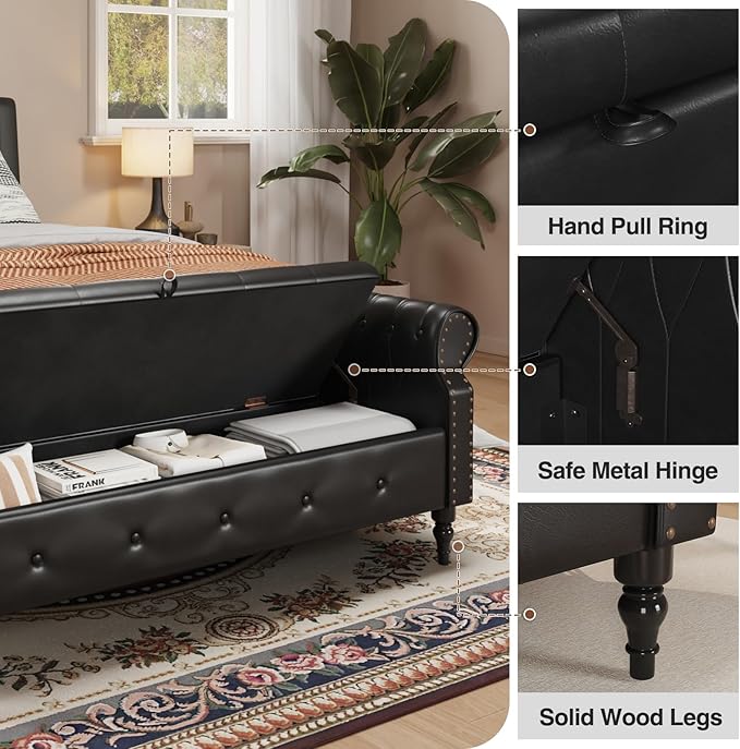 FiveWillowise 65" Bedroom Bench with Storage,Faux Leather Bed Benches with Tufted Buttons,Large Upholstered Storage Bench with Rolled Arms and Nailhead Trim for King Size End of Bed,Entryway,Black