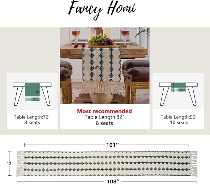 Fancy Homi Hunter Green Boho Cotton Polyester Table Runner 108 Inches Long, Farmhouse Macrame Table Runners with Tassels for Home Party Bohemian Rustic Bridal Shower Kitchen Dining Decor 12x108 Inches