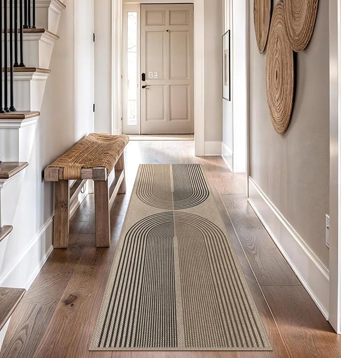 Rugalia Easy Jute Rainbow Runner Rug, 2.6x8 Washable Rugs Runner for Hallway Non-Slip Boho Farmhouse Kitchen Runner Rug, Modern Abstract Indoor Outdoor Carpet for Porch Laundry Entryway