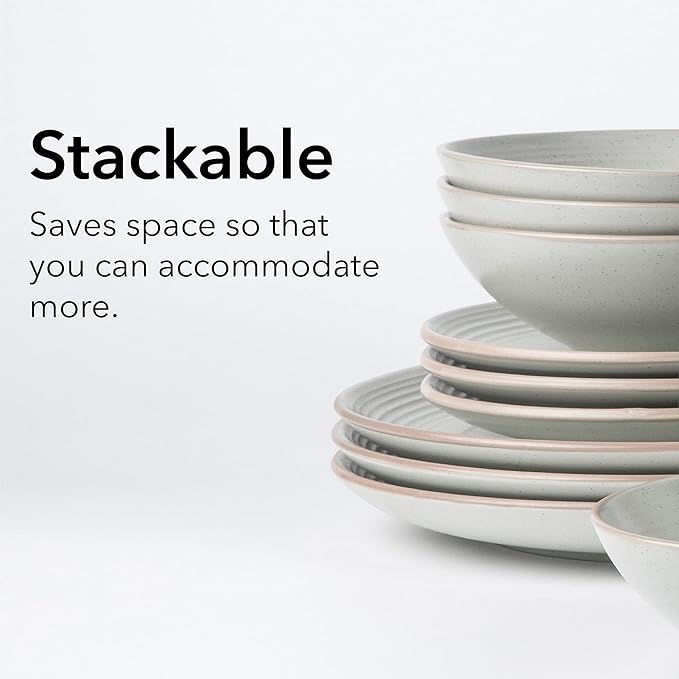 Arora RINGAR Round Stoneware 16pc Dinnerware Set of 4, Dinner Plates, Side Plates, Cereal Bowls, Mugs - Speckle Matte White (406646)