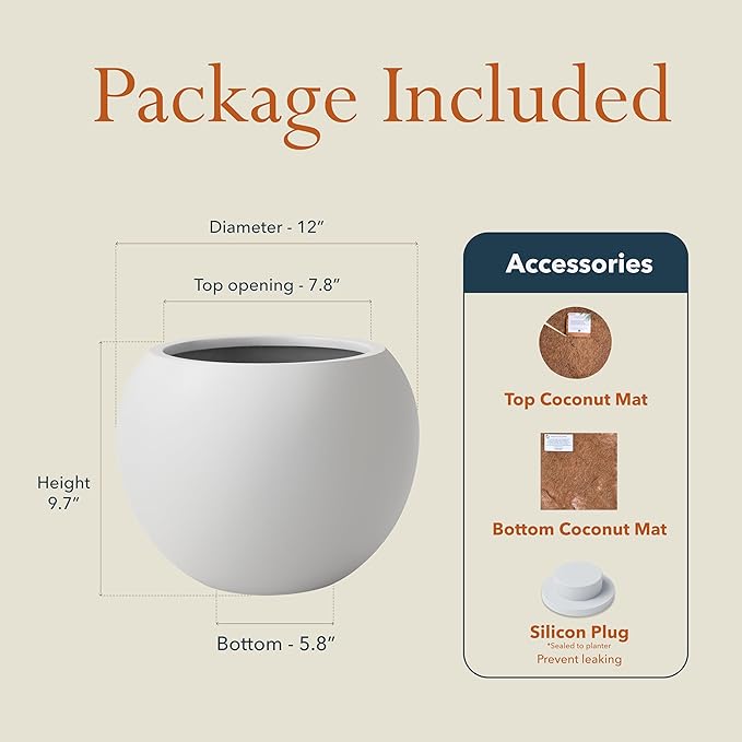KUTE NEST 9.7" H x 12" D Premium Globo Fiberstone Round Planter with Drainage Hole, Weather Resistant for Indoor & Outdoor Use, Included 2 Extra Coco Mats (Light French Gray, 7.8" Pot Opening)