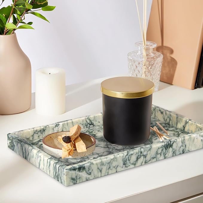 Marble Bathroom Vanity Tray, Natural Luxury Vanity Home Kitchen Bathroom Table Tray, Stone Decorative Countertop Dresser Trays for Key Coffee Perfume Jewelry Makeup (Green Texture, 12"x 5" x1.2")