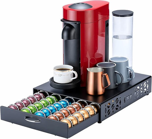 FlagShip for Nespresso Pod Holder Vertuo Capsule Storage Pod Organizer Coffee Bar Design And Coffee Machine Stand Black Metal(50 Pods Capacity)