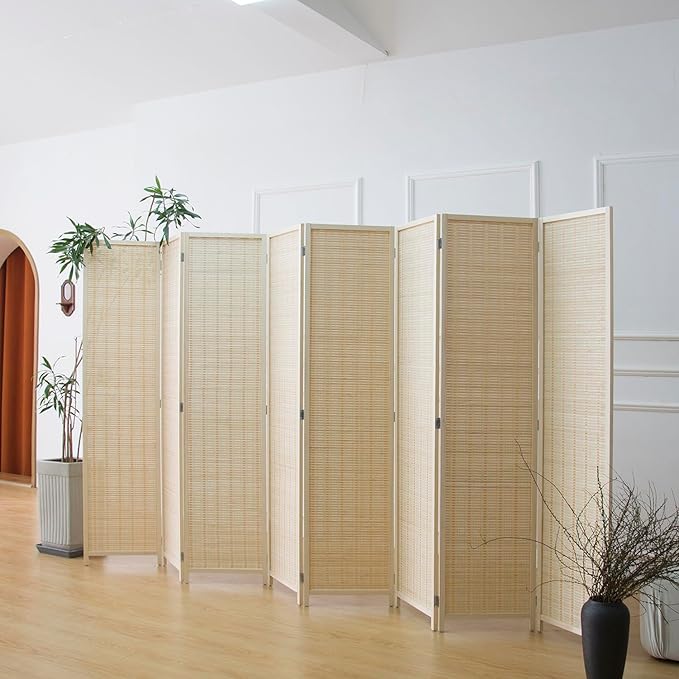 Furnnylane 8 Panel Bamboo Room Divider - 5.6 ft Tall Folding Privacy Screen, Natural Beige Freestanding Partition Wall (67" x 122.8", 8-Panel)