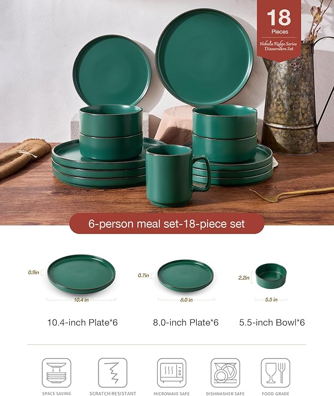 Famiware Nebula Ridge Stoneware Dinnerware Sets for 6, Plates and Bowls Sets, 18 Pieces Dishes Set, Microwave and Dishwasher Safe Kitchen Plates, Dark Green