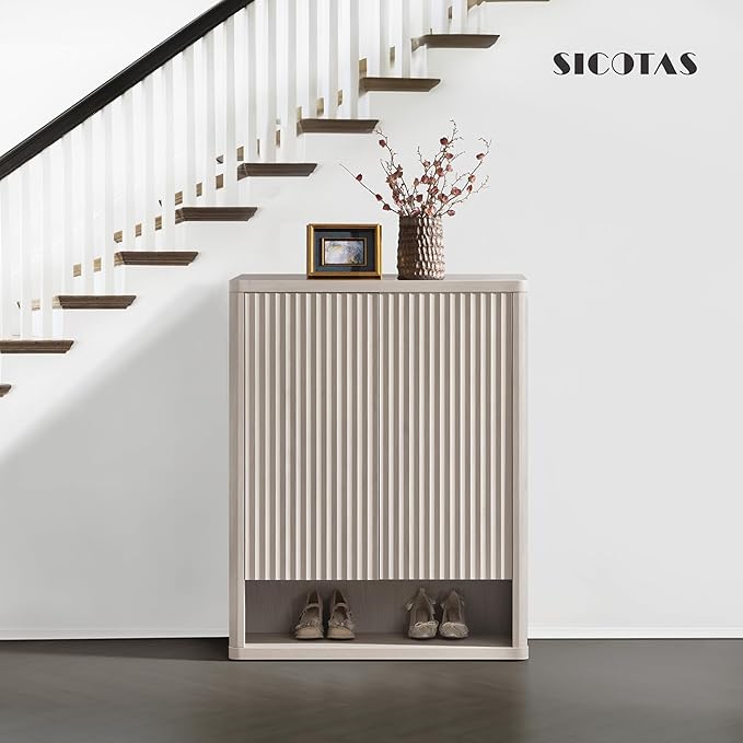 SICOTAS Shoe Cabinet 44 inch Tall Fluted Shoe Cabinet with Doors & 4 Shelves Wooden Large Hidden Shoe Storage Organizer Modern Free Standing 6-Tier Cabinet for Entryway Living Room Closet