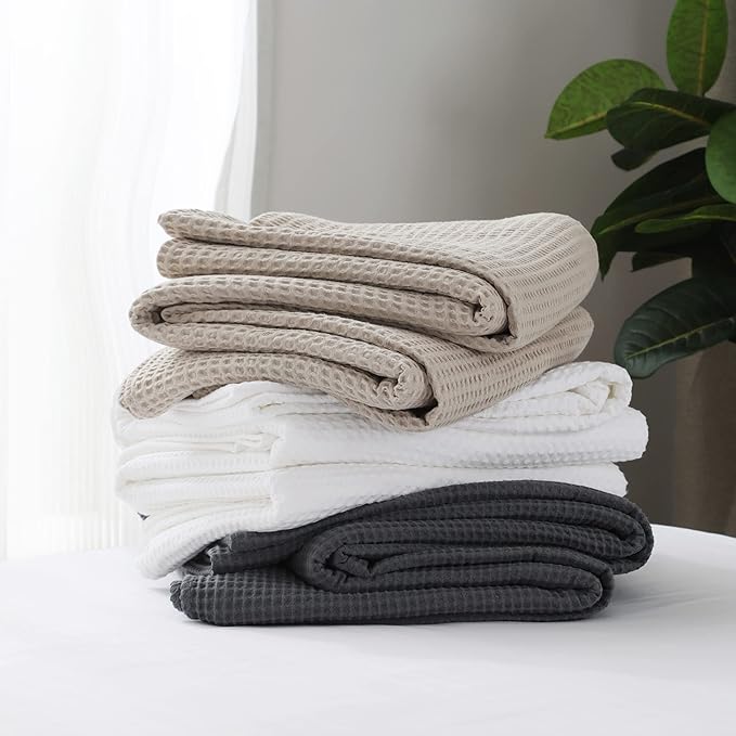 100% Cotton Waffle Blanket (Dark Grey - Queen Size - 90 * 90''), Pre-Washed and Anti-Shrinkage Soft Lightweight Bed & Couch Blanket, 380 GSM Waffle Weave Throw Blanket for All Seasons