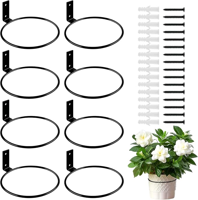 8 Pack 6 Inch Wall Mounted Plant Holder, Heavy Duty Flower Pot Holder Ring, Rust Resistant Wall Plant Holder for Indoor and Outdoor Flower Pots, Garden, Fence Balcony, Home (Black)