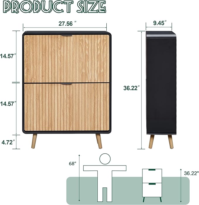 FurSch Narrow Shoe Cabinet Storage for Entryway,Slim Shoe Cabinet with 2 Flip Drawers, Fluted Shoes Rack Organizer (Natural with Black, 2 Drawers)