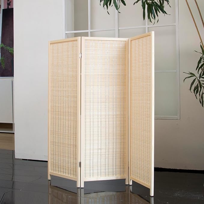 3 Panel Short Room Divider – 3.9 ft Tall Double-Side Folding Privacy Screen, Natural Beige Bamboo Partition Wall for Home Office, Living Room & Corner Spaces