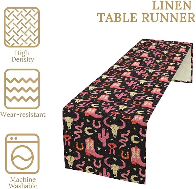 Western Cowgirl Table Runner, Pink Cowboy Boots Cacti Cactus Skull Print Table Runner for Kitchen Dining Party Birthday Wedding, 13x108 Inch