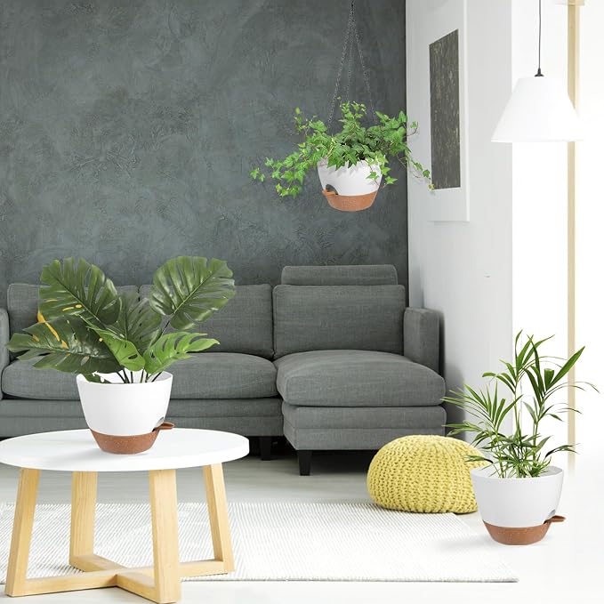 Vanslogreen Hanging Planters for Indoor Outdoor Plants, 1 Set Self Watering Hanging Pot with Drainage Holes & Removable Tray (White-12inch, 12'')