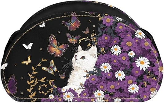 Cute White Cat Butterfly Print TV Remote Control Organizer PU Leather Desktop Storage Box,Table Caddy,Desktop Storage for Media Players/Controllers/Eyeglasses/Makeup Brushes/Pens