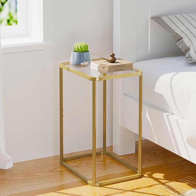 Garden 4 you Glass Side Table, Rectangle End Table with Metal Frame, Modern Bedside Table for Office, Bedroom, Living Room, Study, Small Spaces, Easy Assembly, 15.75 * 11.81 * 20.87 Inches, Gold