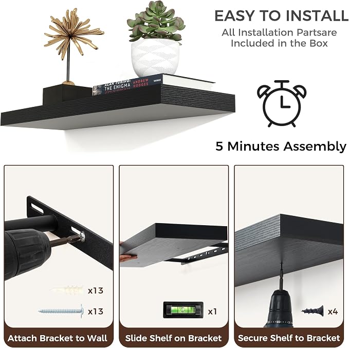 Venusmiles Floating Shelves for Wall 72 inch Long, Engineered Wood Large Wall Shelves with Invisible Brackets for Living Room Bedroom Bathroom Office Kitchen Decor and Storage, Black Finish, Set of 1