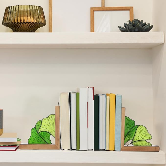 Maitys Ginkgo Leaf Bookends with Oak Wood Base Stained Glass Novelty Bookends Organizer Cute Book Ends for Shelves Desks Libraries Book Lover Gift (Green)