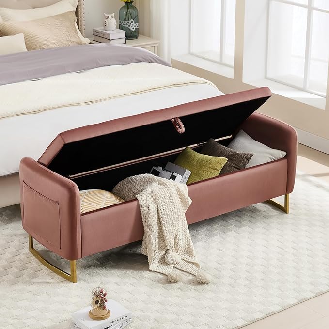 65" Storage Bench for Bedroom, Velvet End of Bed Bench, King Size Bed Benches for Foot with Tufted Button and Gold Legs, Upholstered Window Ottoman Benches with Armrests, Rose Gold