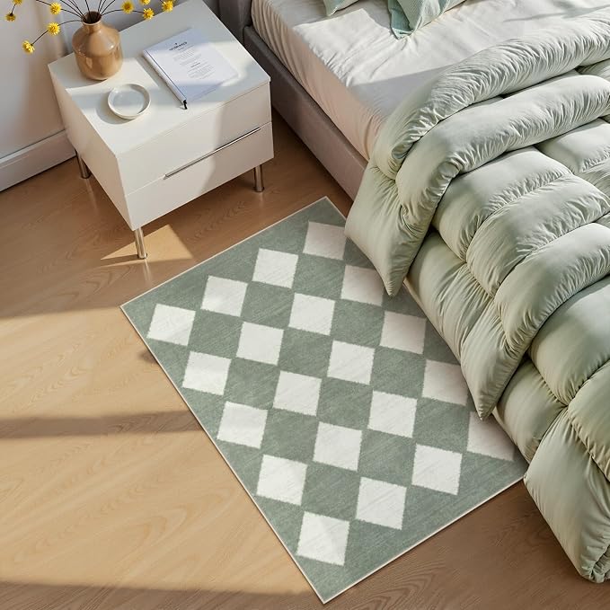 Lahome Zelie Checkered Washable 2x3 Green Kitchen Rugs Non Slip, Small Printed Indoor Door Mat for Entryway, Moroccan Trellis Ultra-Thin Throw Carpet for Bedroom Laundry Entrance Decor (2'x3',Green)