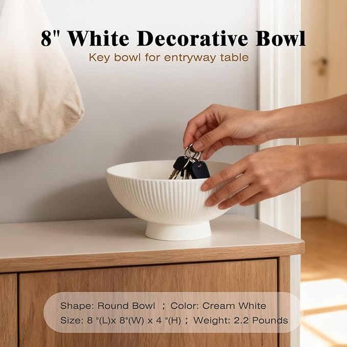 Decorative Bowl 8 Inch Fruit Bowl for Kitchen Counter Modern Pedestal Footed Centerpiece Bowl for Coffee Table & Home Decor Fall Catch-All Bowl for Key, Candy, White