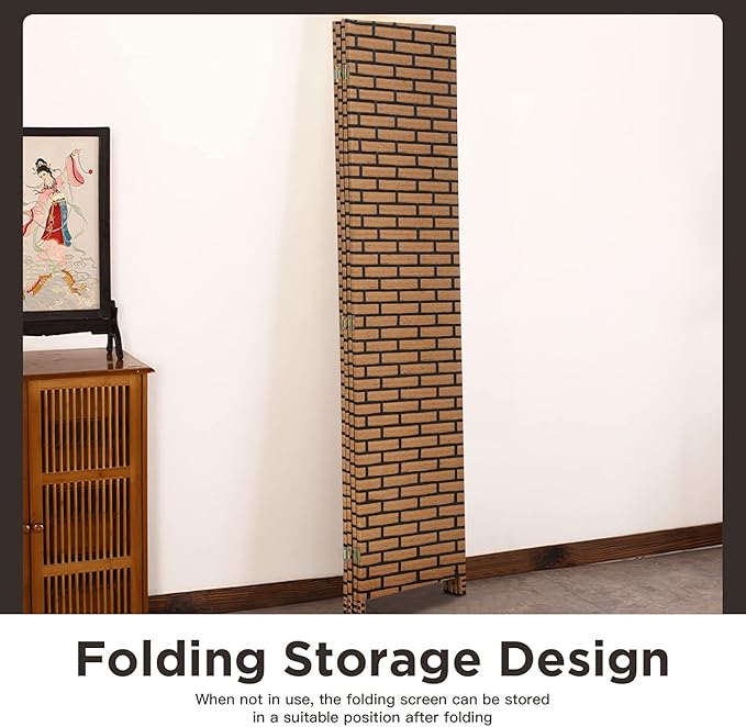 Room Divider Wood Screen 4 Panel Wood Mesh Woven Design Room Screen Divider Folding Portable Partition Screen Screen Wood for Home Office (Brick)