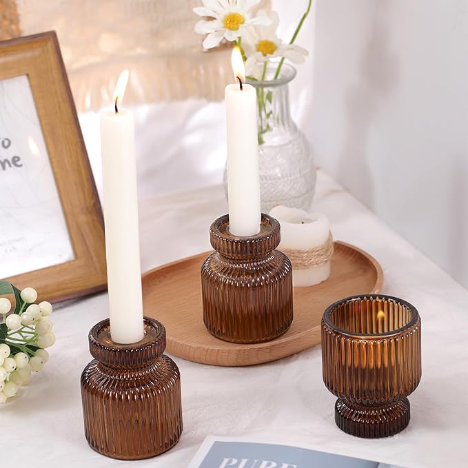 DARJEN 6 Pcs Amber Candlestick Holders - Glass Taper Candle Holders Tealight Votive Candle Holders for Table Centerpieces, Wedding, Dinner Party, Home, Gifts (Pack of 2)