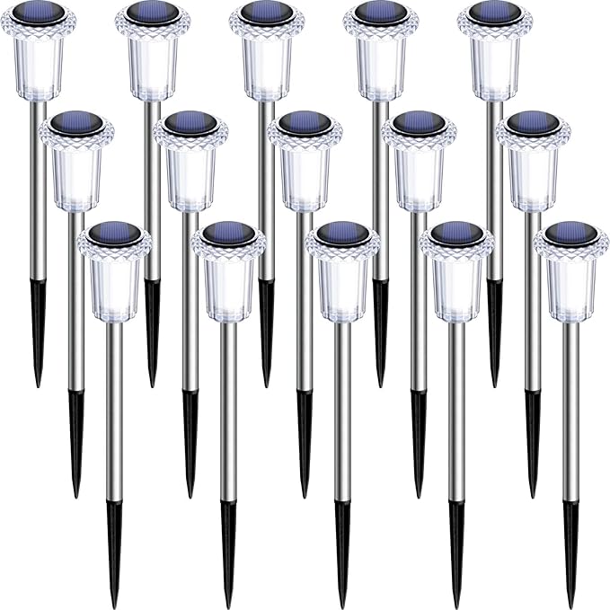 DenicMic Solar Lights Outdoor 15 Pack Waterproof 6000K Cold White LED Stainless Steel Stake Outside Lights for Yard Pathway Garden Driveway Walkway Landscape Path Lighting