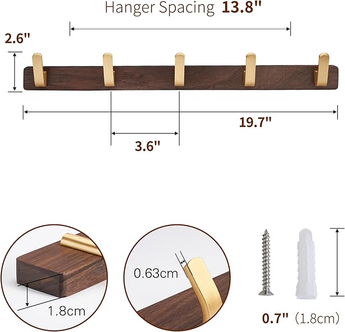 Wall Mounted Coat Rack, Entryway Hanging Coat Rack, Metal Wood Coat Rail with 5 Rustic Hooks Rail for Coat, Scarf, Bag, Towel, Key, Cap, Hat, Walnut Gold Matt