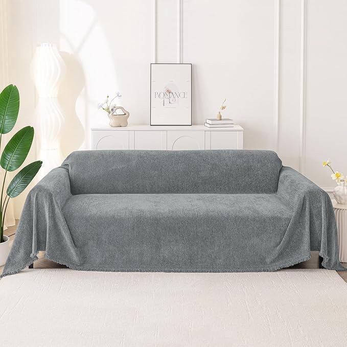 Smiry Couch Cover for Dogs, Washable Chenille Sofa Covers for 3 Cushion Couch, Soft Sofa Slipcover for Pets, Thick Sectional Furniture Protector with Tassels (Grey, 71x134 Inch)