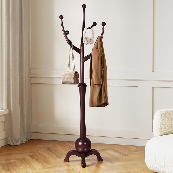 Wooden Coat Rack Freestanding with 8 Hooks, Heavy Duty Coat Hanger Stand with Stable Base, Vintage Coat Tree Standing Coat Racks for Entryway, Hallway, Bedroom (Wine Red)