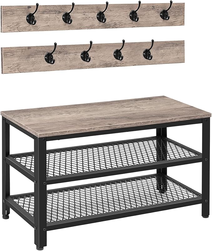 HOOBRO Hall Tree Entryway Storage Bench, Coat Rack Shoe Bench, Shoe Rack Organizer with Coat Hooks, 3-in-1 Design, Wooden Furniture with Metal Frame, Greige and Black BG17MT01