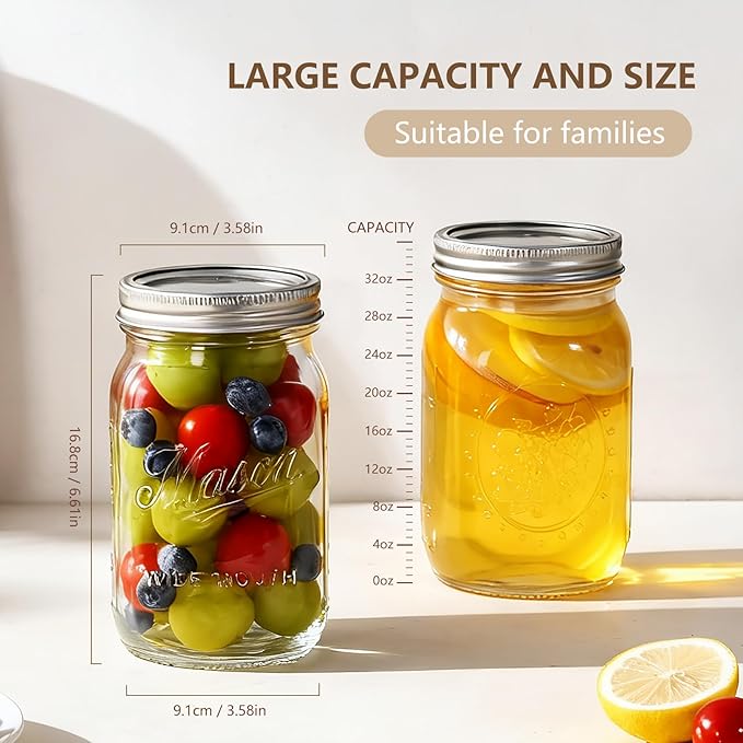 Mason Jars 32 oz,12 Pack Large Wide Mouth Mason Jar with Airtight Lids and Bands|Quart Glass Canning Jars for Pickling, Fermenting and Food Storage Microwave&Dishwasher Safe (12pack)