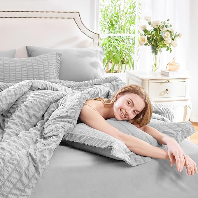 CozyLux King Size Comforter Set Light Grey Seersucker 7 Pieces Bed in a Bag King Comforter Set with Sheets, Light Gray Luxury Bedding Sets with Down Alternative Comforter, Sheets, Pillowcases & Shams