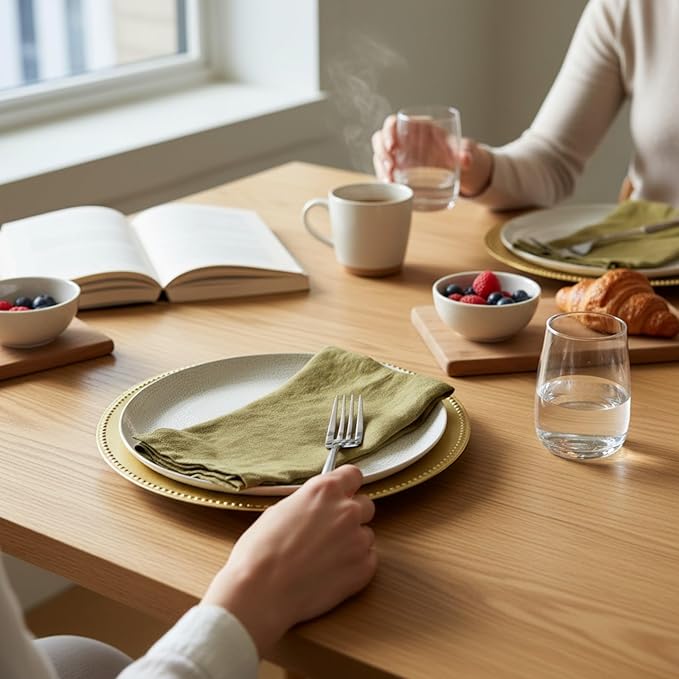 Hemstitched Linen Napkins – 20 Inch x 20 Inch – Stonewashed Pure Linen Cloth Dinner Napkins with Mitered Corners - 100% French Flax – Machine Washable - Set of 4 (Olive Green)