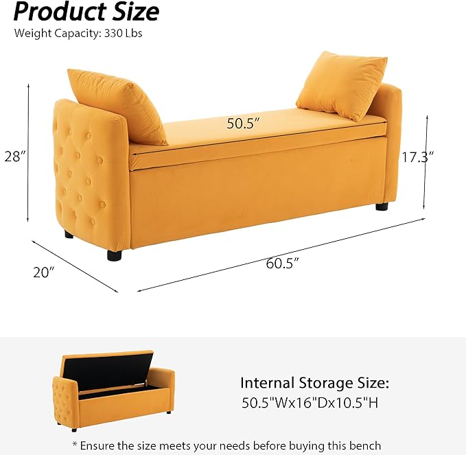 Storage Bench for Bedroom, 60" End of Bed Bench for King Size Bed,Tufted Bench Modern Upholstered Long Ottoman Bench with Arm (Mustard Yellow, Velvet-60 Wide)