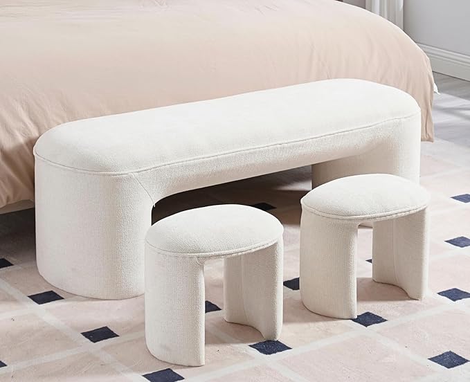ROCITY 3-Piece Nesting Ottoman Bench Set, 53 Inch Long Bedroom Bench with 2 Foot Stools Chenille Padded End of Bed Bench Modern Upholstered Bench for Living Room, Entry, Porch, White