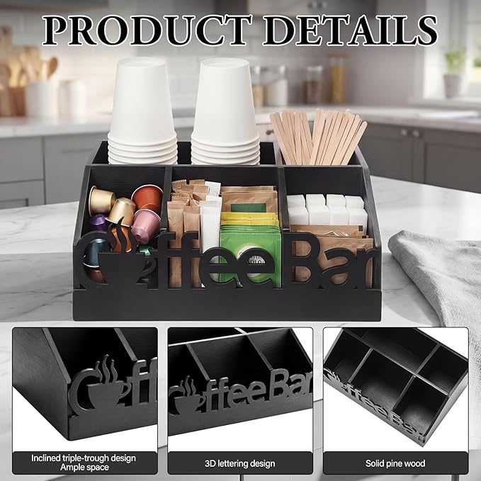 Coffee Station Organizer for Counter Wood Countertop Accessories Organizer Coffee Pods Holder Storage Basket for Pods Condiment Syrup Tea Cups Stirrers for Rustic Bar Decoration (Black)