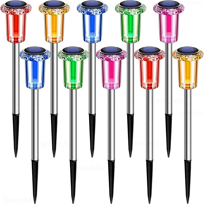 DenicMic Solar Lights Outdoor 10 Pack Waterproof Color LED Stainless Steel Stake Outside Lights for Yard Pathway Garden Landscape Path Lighting Christmas Decorations