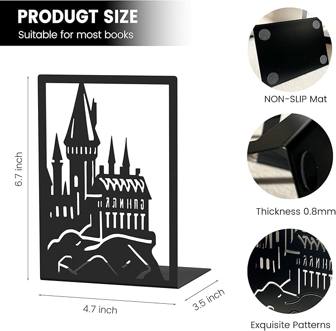 Metal Bookends for Shelves Room Decorative, Creative Dragon Bookends Heavy Duty Study Bookends Stoppers Holder Stand for Desk Shelf Office, H&P Book Ends to Support Books (Dragon Castle, 1 Pair)