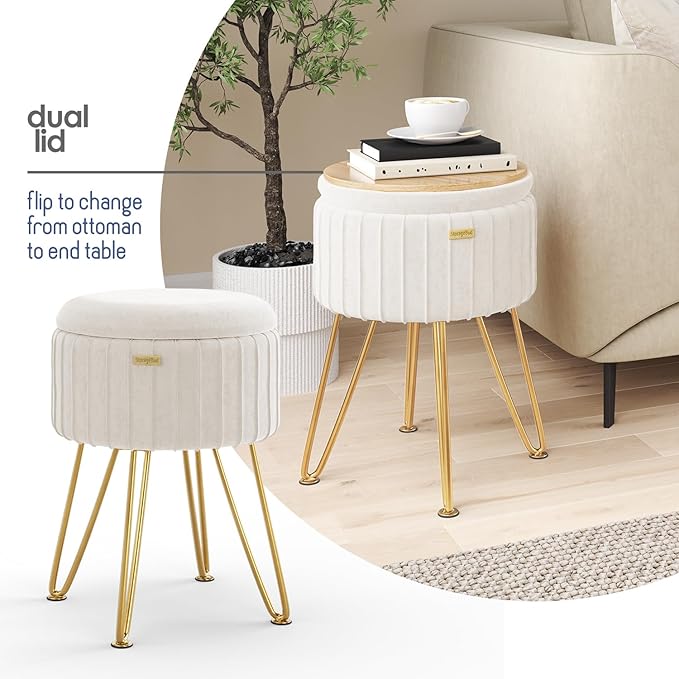 Round Ottoman with Storage, Pleated Velvet Storage Ottoman, Foot Stool Ottomans, Makeup Vanity Stool, Small Ottomans Foot Rest, Modern Vanity Stools for Living Room and Bedroom, Blue