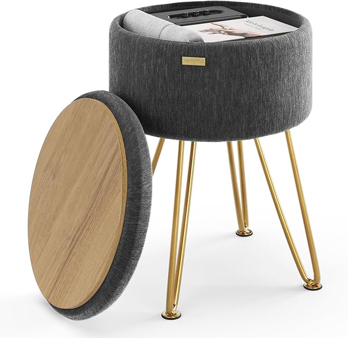 Round Ottoman with Storage, Textured Velvet Storage Ottoman, Foot Stool Ottomans, Makeup Vanity Stool, Small Ottomans Foot Rest, Modern Vanity Stools for Living Room and Bedroom, Grey