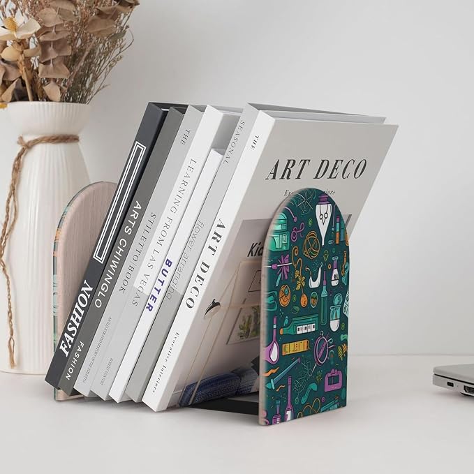 Science Math 2 Pack Wood Decorative Bookends 6.7x4.2 in, Book Ends for Home Office Library Shelves Decor Room Kitchen Desktop