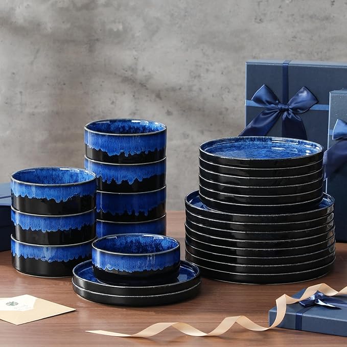 vancasso Starry Plates and Bowls Sets for 8, 24 Pieces Blue Dinnerware Sets for Kitchen, Modern Stoneware Dishes Set, Dishwasher and Microwave Safe