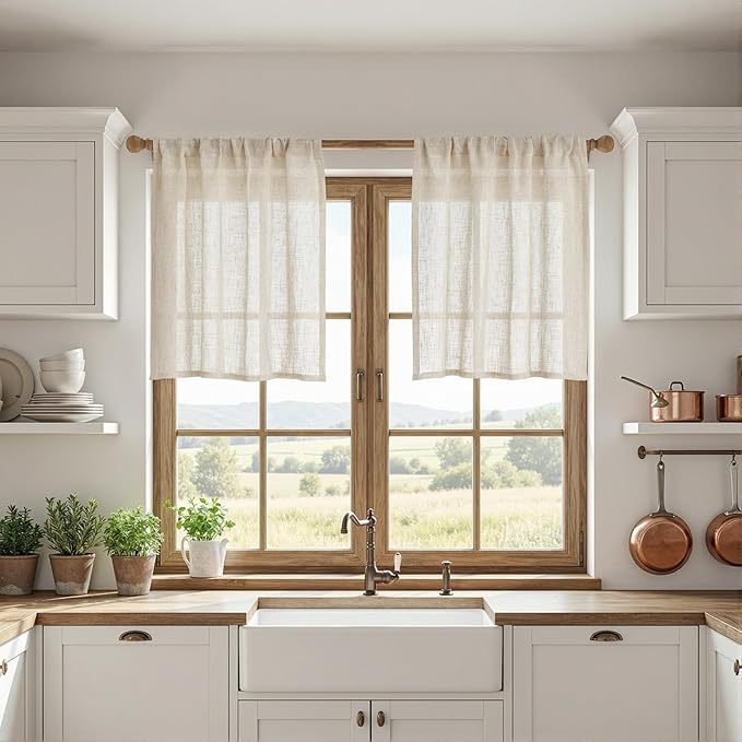 MYSKY HOME Kitchen Semi Sheer Linen Curtains 24 Inch Long, Light Filtering Window Panels Rod Pocket Valance Neutral Drapes for Small Window/Cafe/Bathroom Basement, Linen, 2 Panels, 34 x 24 Inch