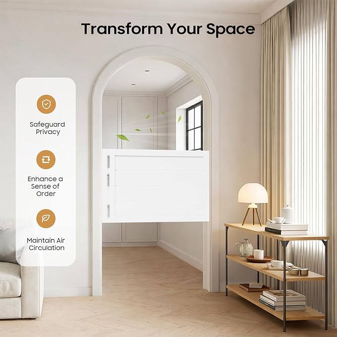 Room Divider Door White | Black Space Saving Sliding Partition Door for Doorways | Farmhouse Style Half Door w/Pull Rope | No-Drill Interior Door for Home Office & Studio (White, 35.4x23.6in)