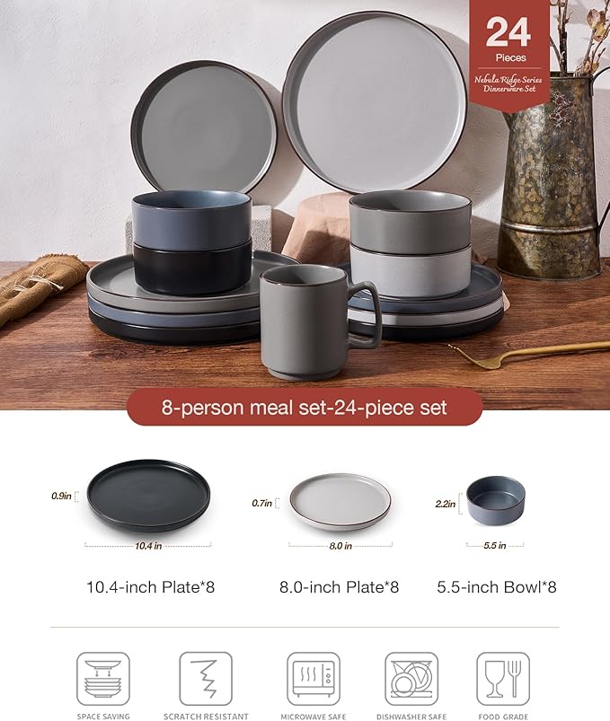 Famiware Nebula Ridge Stoneware Dinnerware Sets for 8, 24 Pieces Plates and Bowls Sets, Dishes Set, Microwave and Dishwasher Safe Kitchen Plates, Multi-color