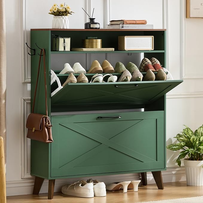 Joaxswe Shoe Cabinet Storage for Entryway with 2 Flip Drawers 2 Hook Open Storage Layer Rack Narrow Organizer Slim Hidden Wood Shoe Cabinet Furniture Dark Green