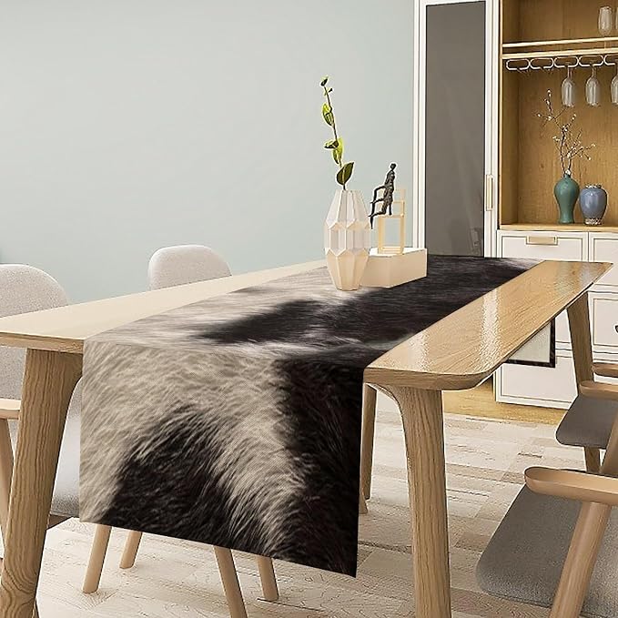Cowhide Table Runner Black and White Milk Cow Western Style 3D Cow Fur Skin Texture Table Runner for Living Room Kitchen Dining Table Decoration 13x90in