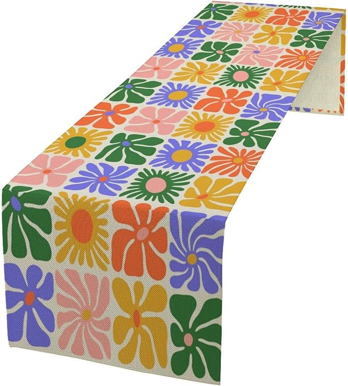 Vintage Hippie Floral Table Runner Boho Retro Groovy Geometric Seasonal Spring Garden Flowers Dinner Runner for Home Kitchen Dining Table Party Holiday Decor 13"x36"