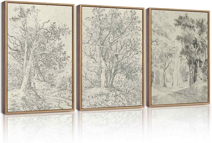 KUVIOKE Vintage Tree Framed Wall Art Retro Antique Forest Drawings Nature Wilderness Sketch Wall Painting Modern Landscape Decor 12x16in (Natural Framed)